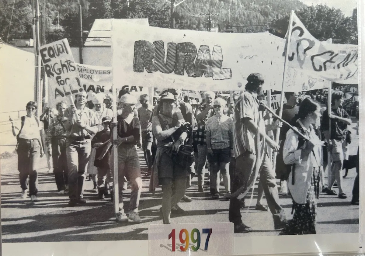 Marchers carrying banners in the 1997 Nelson Pride parade